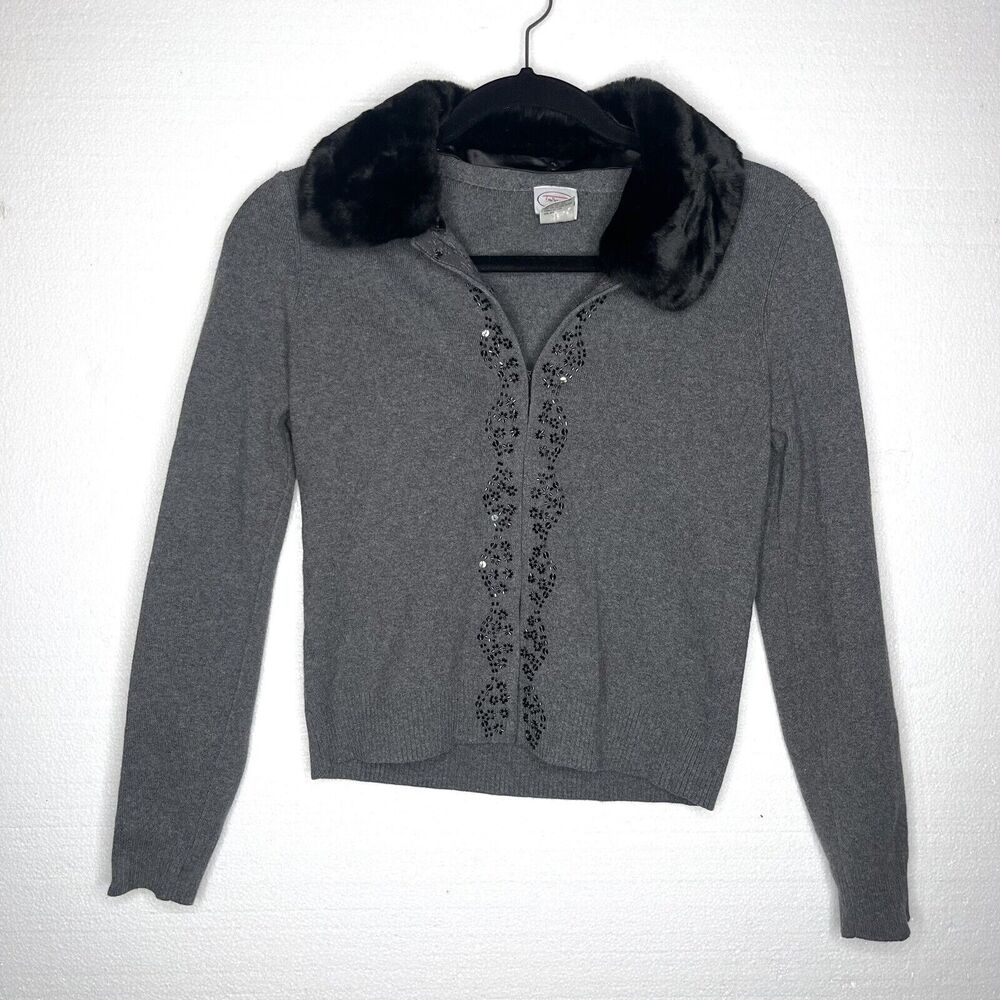 Talbots Kids Vintage Grey Cardigan Beaded Front Removable Faux Fur Collar 14